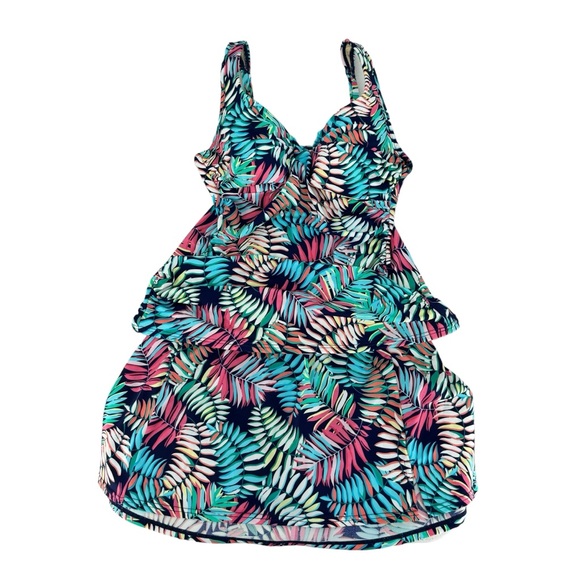 Women’s Talbots 6 Two-Piece Green/Blue/Punk Tropical Print Tankini Bathing Suit - Picture 1 of 14